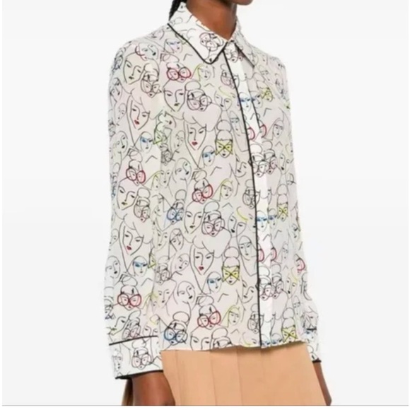 NWT Alice + Olivia Willa Placket Top With Piping Bisous Stacey White XS - Picture 4 of 9